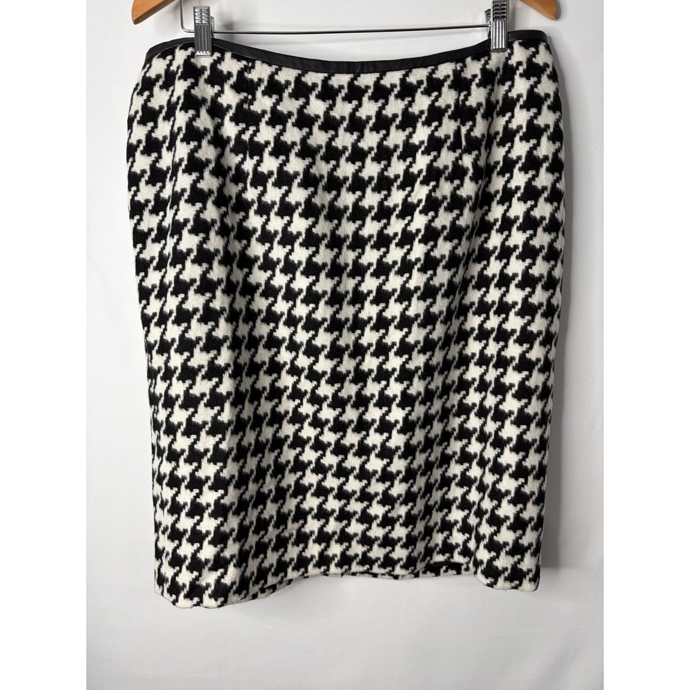 Talbots Houndstooth Wool Blend Pencil Skirt 16W Old Money Faux Leather Trim